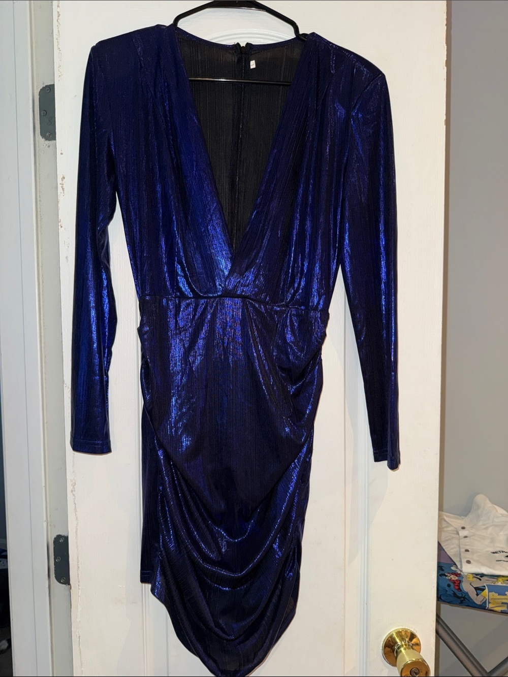 Shimmering Navy Long-Sleeve V-Neck Ruched Dress